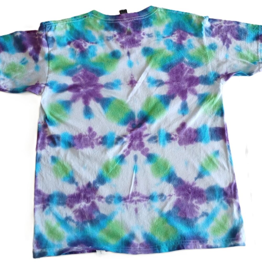Tie Dye T-Shirt with Abstract Pattern in Green Blue Purple Short Sleeved Kids L - Picture 3 of 13
